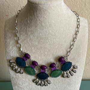 Teal Green Purple Statement Necklace | Silver Chain Multi Gem Bib Necklace